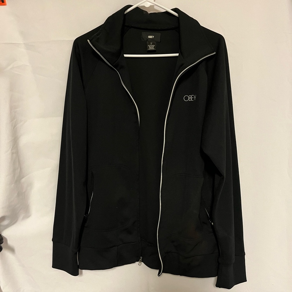 Obey Track Jacket Black Sports Varsity Zip Up Size Large